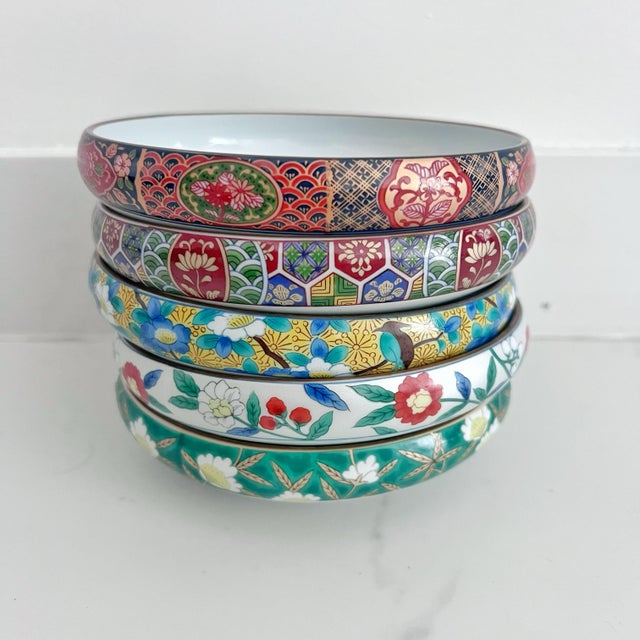 Set of 5 medium sized bowls from Japan, Gozan kiln, Arita ware. Each bowl has different colors and designs, themes of...