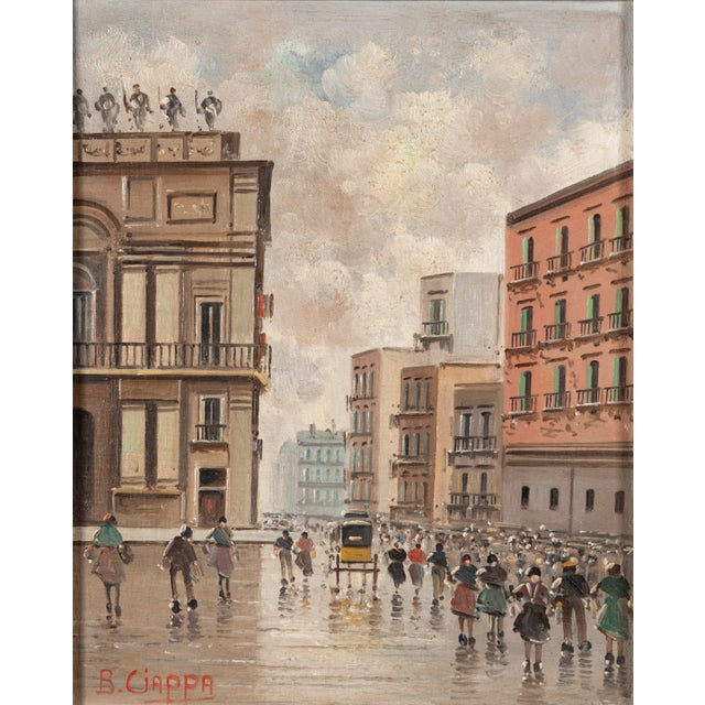 B. Ciappa, Animated European City Square with Carriage and Figures, Oil on Panel For Sale - Image 15 of 15