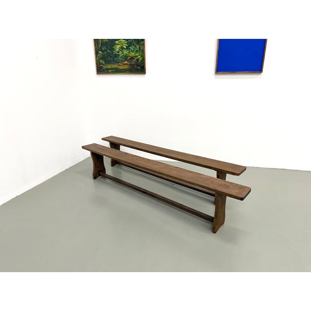 Wood Oak Benches with Wing Legs, France, 1970s, Set of 2 For Sale - Image 7 of 18