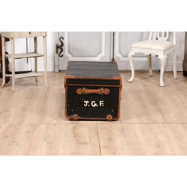 English Victorian Period 19th Century Black Traveling Trunk With Initials J.G.F. For Sale - Image 11 of 12