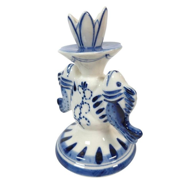 Late 20th Century Vintage Russian Gzhel Blue and White Porcelain Double Fish Candlestick For Sale - Image 5 of 12