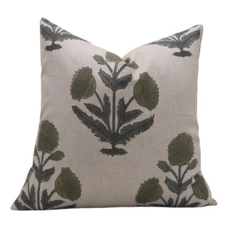 Badshah Block Printed Floral Designer House Decor Throw Pillow Cover 24x24 Inch - Pure Linen For Sale