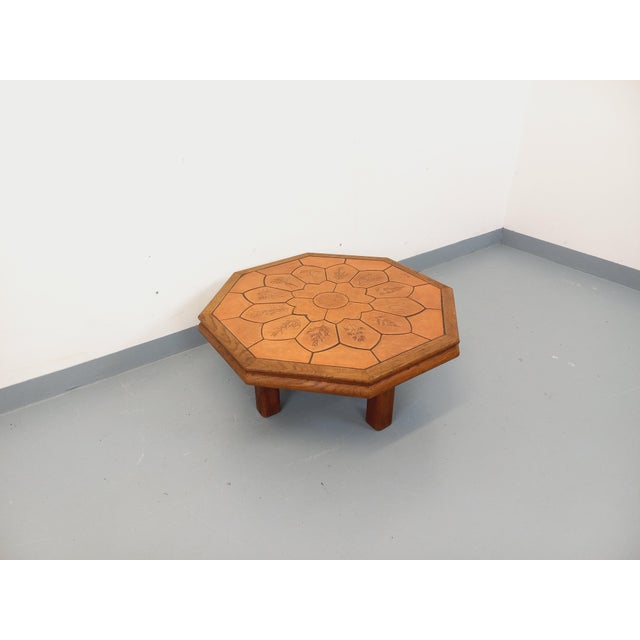 Octagonal Oak Coffee Table from Barrois with Vallauris Ceramic Herbarium Top, 1960s For Sale - Image 11 of 17