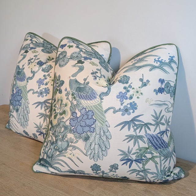 Textile Lee Jofa Sakura Print Pillows in Teal - Pair For Sale - Image 7 of 7