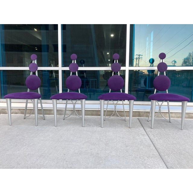 Memphis Style Dining Chairs in Purple & Green Microsuede Upholstered Panels For Sale - Image 12 of 13