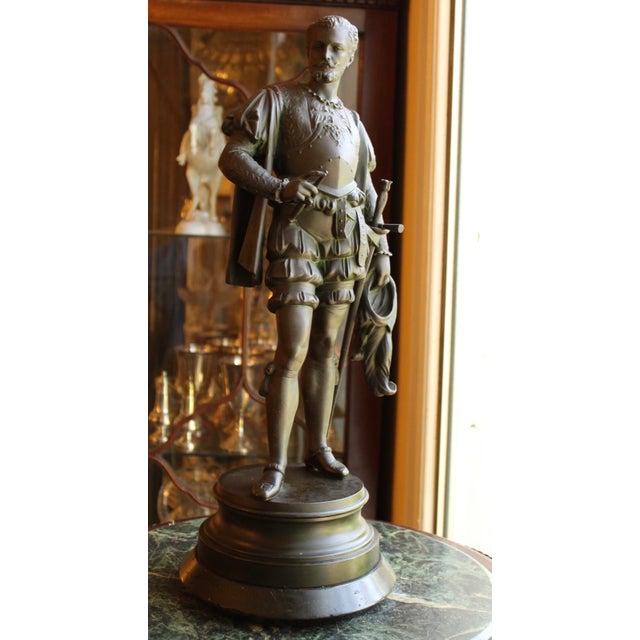 Antique Large Spelter Sculpture of Renaissance Nobleman, French 19th Century. 19 5/8” tall x 7 1/2” wide. NOTE, there is a...