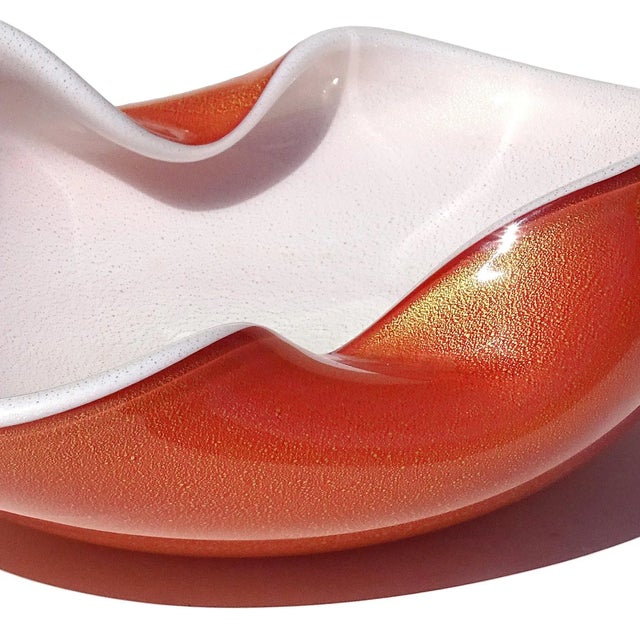 Persimmon Vintage Murano Barbini Persimmon Orange White Gold Flecks Italian Art Glass Centerpiece Fruit Bowl For Sale - Image 8 of 12