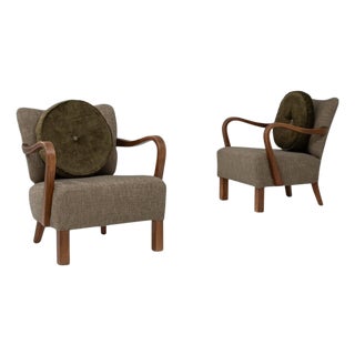 1940s Danish Art Deco Upholstered Armchairs With Round Pillows - A Pair For Sale