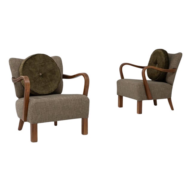 1940s Danish Art Deco Upholstered Armchairs With Round Pillows - A Pair For Sale