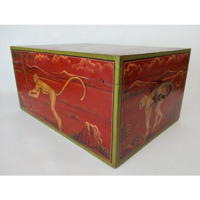 Anglo-Indian, Asian Hand-Crafted & Painted Large Lidded Storage/Chest With Brass Hardware For Sale - Image 16 of 18
