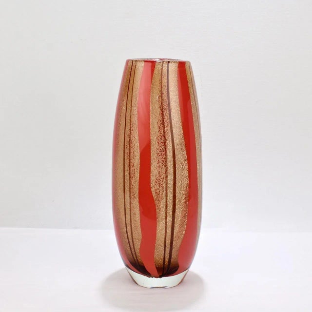 Mid 20th Century Mid-Century Modern Murano Italian Glass Red & Purple Striped Vase For Sale - Image 5 of 13