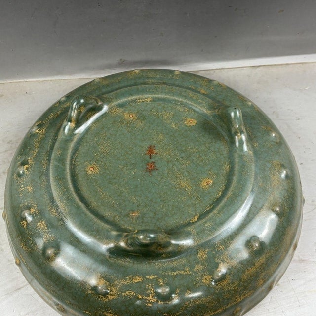 Ceramic Vintage Ru-Style Celadon Tripod Basin With Gilt Dragon Motif For Sale - Image 7 of 8