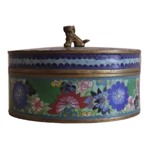Antique Cloisonné Round Lidded Box With Foo Dog Finial