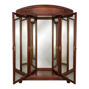 French Louis XV Style Tri-Fold Mirrored Armoire Wardrobe Cabinet, Carved Floral Crest, Early 20th Century