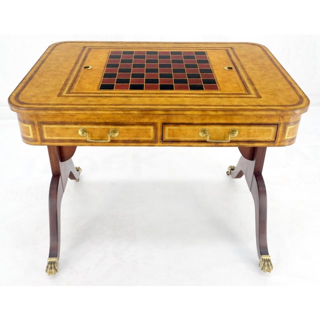 Metal Flit Top Chess Board Backgammon Tooled Leather Top Two Drawers Game Table For Sale - Image 7 of 12