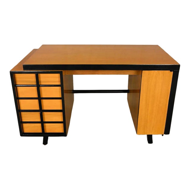 Vintage Mid Century Modern Art Deco Maple Colored Desk With Black Accents by American of Martinsville For Sale