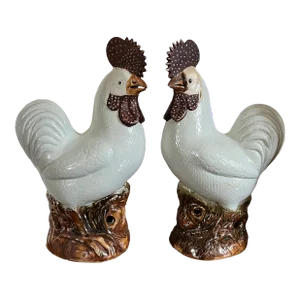 Very Large 19th Century Chinese Export Porcelain Figures of Roosters or Cockerels - a Pair