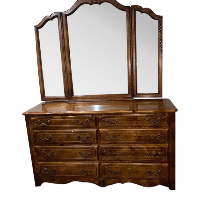 1980s Ethan Allen French Country 8 Drawer Dresser and TriFold Mirror ...
