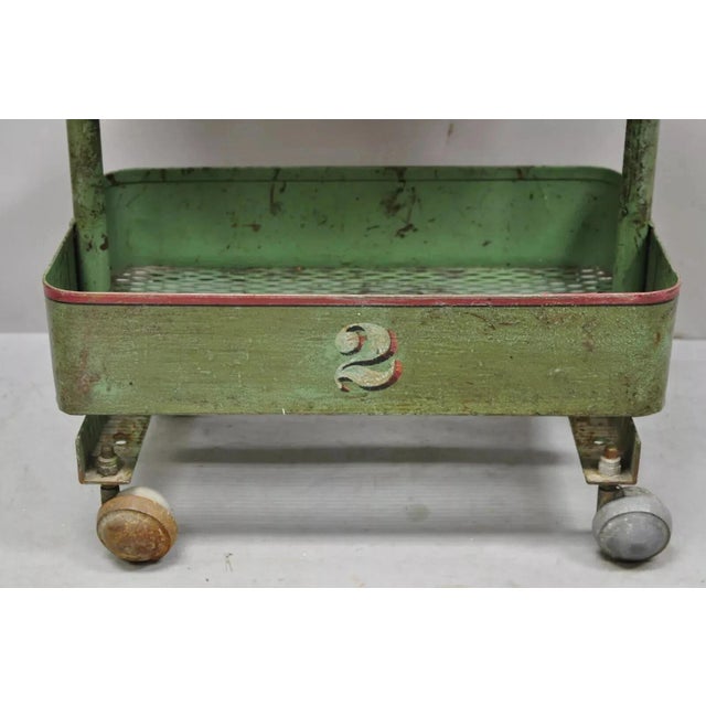 Early 20th Century Antique "Bath House 2" Green Painted Metal 3 Tier Rolling Bathroom Trolley Cart For Sale - Image 5 of 12