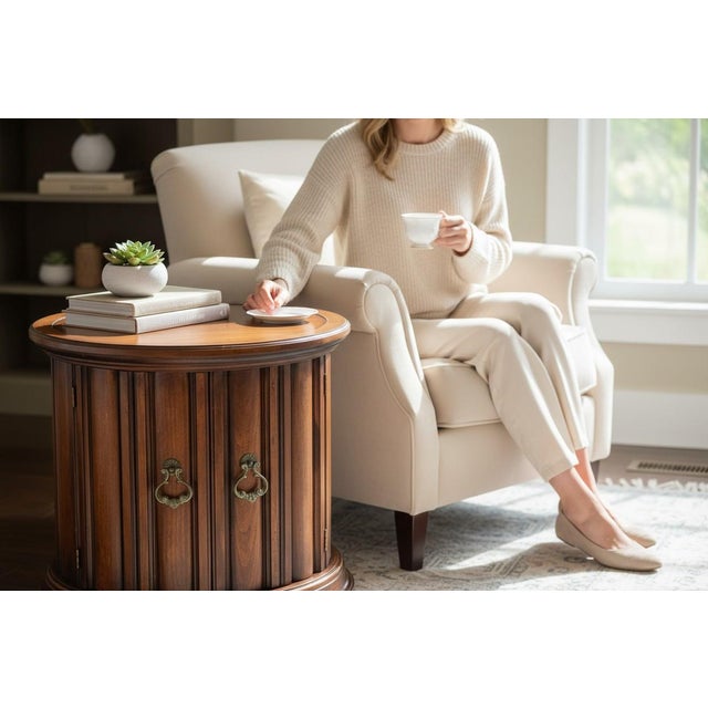 Wood Vintage Brandt Diplomat Drum Table Mahogany Round End Table-Storage-Side-Accent For Sale - Image 7 of 12