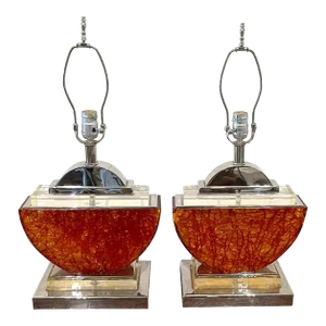 1980s French 1980s Silver-Plated Bronze & Orange Lucite Half-Moon Table Lamps - A Pair