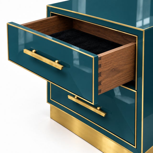 Petrol Blue Murano Glass Nightstands on Brass Plinth from Justfurnituress SRL, Set of 2 For Sale - Image 6 of 9