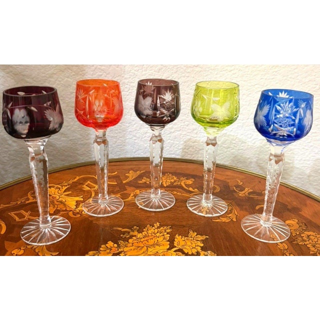 Vintage Bohemian Czech Cut to Clear Crystal Cordial Glasses Harlequin Set of 5 For Sale - Image 4 of 6