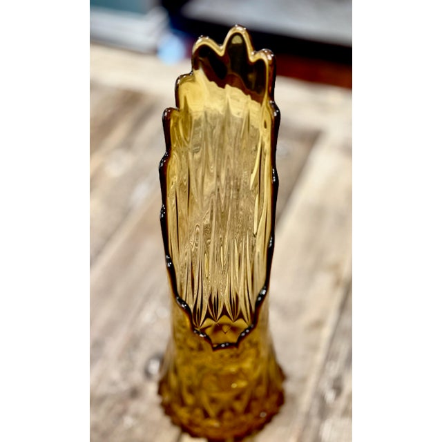 Mid-Century Modern Stunning Vintage Amber Glass Le Smith Diamond Butt Swung Vase MCM Gorgeous Mouth For Sale - Image 3 of 8