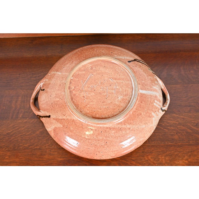 Large Painted Glazed Ceramic Studio Pottery Bowl With Handles From