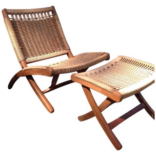 Hans Wegner Style Rope Chair & Ottoman For Sale