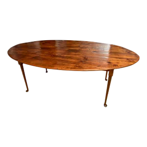 1990s Oval Queen Anne Style Dining Table Made of Antique Pine Floorboards.