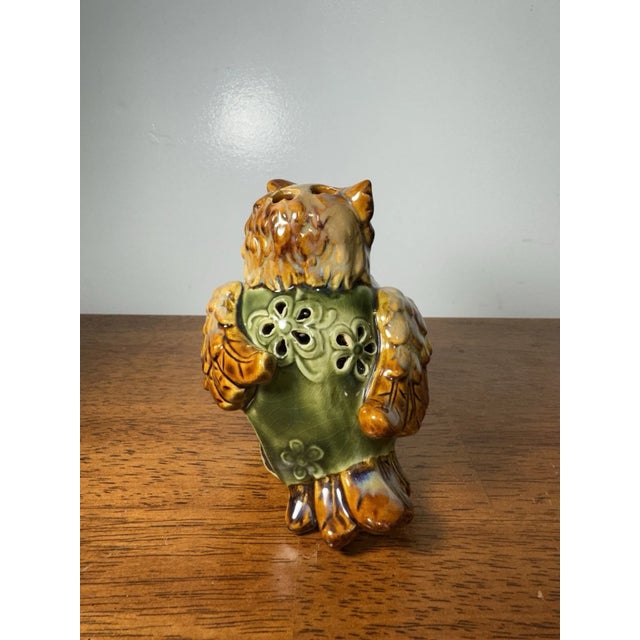 Ceramic Vintage Ceramic Owl Figurine Incense Holder Green Brown Glaze Pierced Pottery For Sale - Image 7 of 9