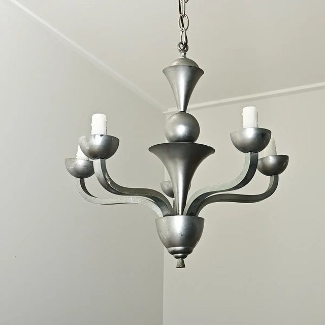 1950s French Vintage Modern Pewter-Tone Chandelier For Sale - Image 5 of 12
