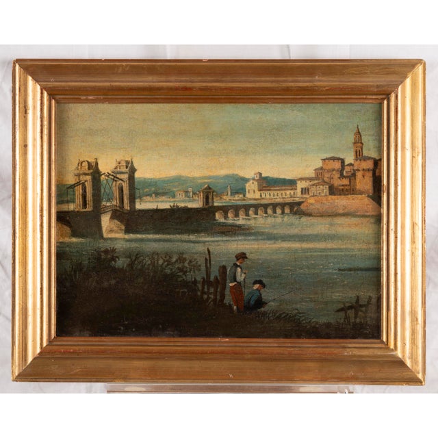 Unknown, Bridge and Fishermen, 1800s, Oil on Board For Sale - Image 3 of 8