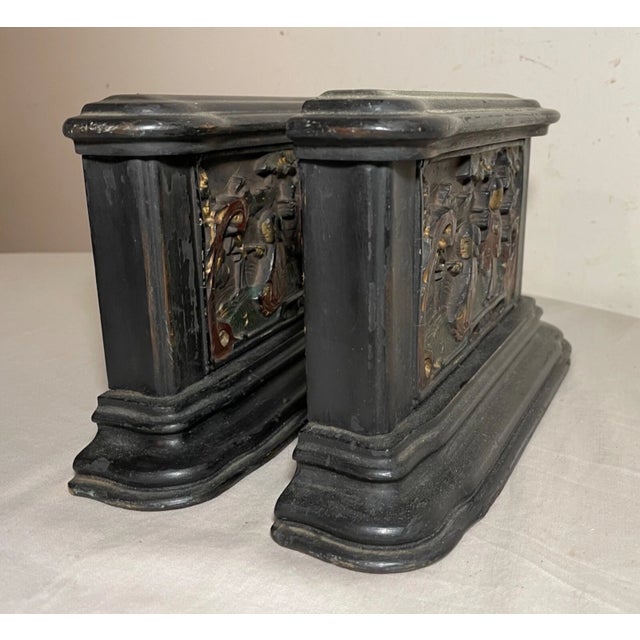 Pair of Antique Chinese Asian Hand Carved Wood Figural Scene Bookends Sculpture For Sale - Image 9 of 10
