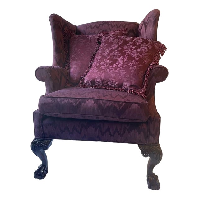 Vintage "Custom Built" American of High Point Damask Wingback Chair For Sale