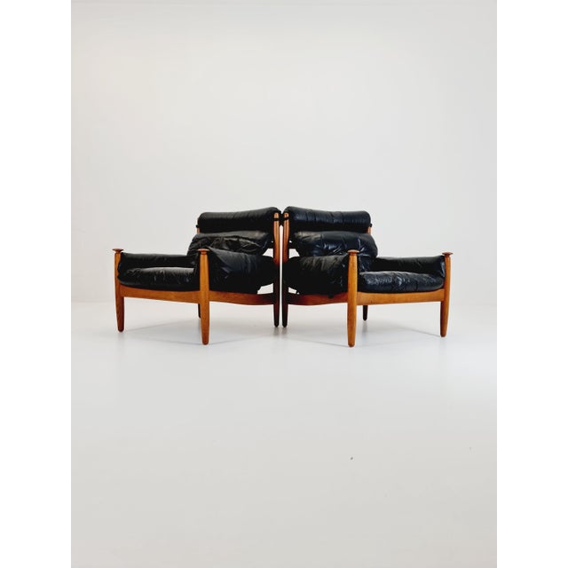Mid-Century Lounge Chairs in Leather and Oak by Eric Merthen for Ire Möbler, Sweden, 1960s, Set of 2 For Sale - Image 10 of 11