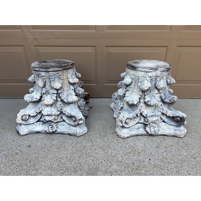 Late 20th Century Pair of Weathered Cast Concrete Corinthian Capital Garden Stands For Sale - Image 11 of 14