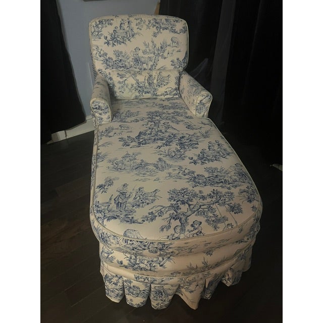 Blue and white toile chaise that we've used in the corner of our bedroom for 30 years (we're retiring and downsizing). In...