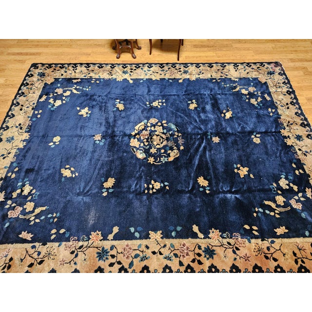 Blue Vintage Room Size Chinese Art Deco Rug, Hand-Knotted Navy Blue, Taupe, 9' x 12' For Sale - Image 8 of 18