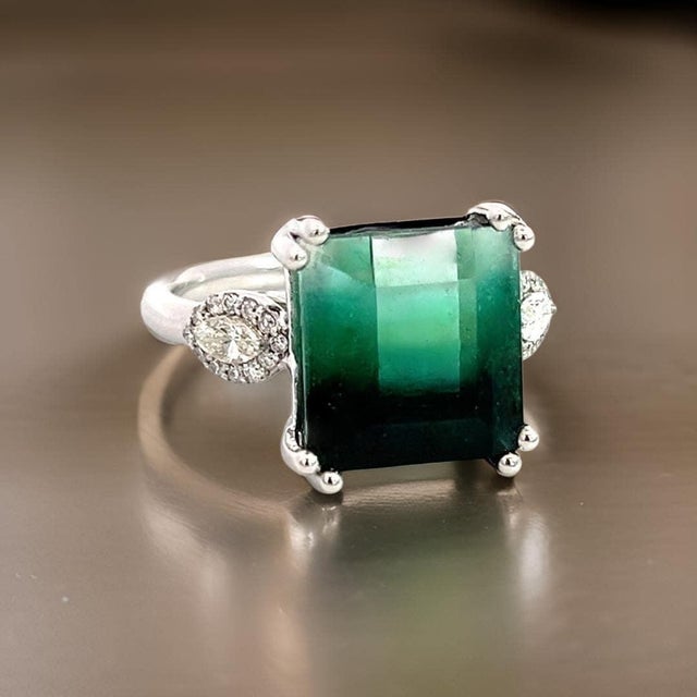 Natural Tourmaline Diamond Ring Size 7 14k W Gold 8.5 TCW Certified For Sale - Image 10 of 16