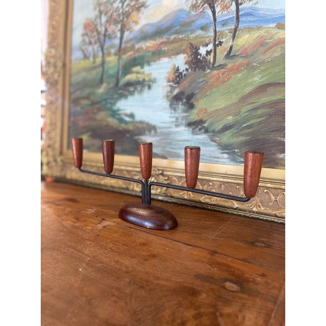 Mid-Century Modern Mid-Century Modern Danish Style 5-Arm Candelabra With Sculptural Wood Base. For Sale - Image 3 of 9