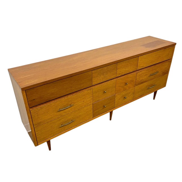 Mid-Century Modern Vintage Mid Century Modern Credenza Dresser With 12 Drawers, Tapered Legs and Brass-Toned Hardware For Sale - Image 3 of 9
