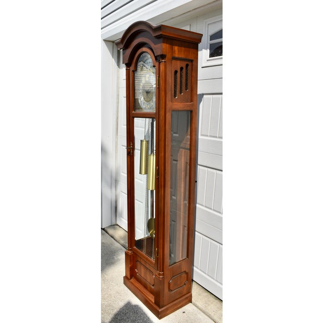Vintage Daneker Grandfather Clock Cherry Moon Phase Chime Beveled Glass For Sale - Image 17 of 18