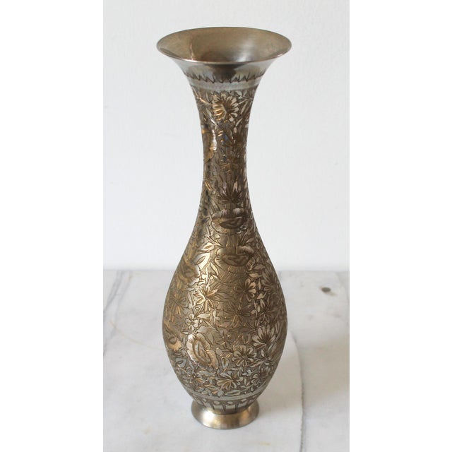 Mid-Century Modern Vintage Hand-Etched Brass Vase For Sale - Image 3 of 8