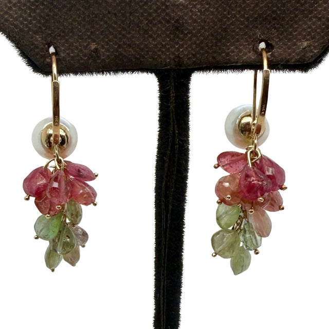 Late 20th Century Pair of Estate 14k Gold Pearl & Multi‑Color Tourmaline Cluster Drop Earrings For Sale In Charlotte - Image 6 of 6