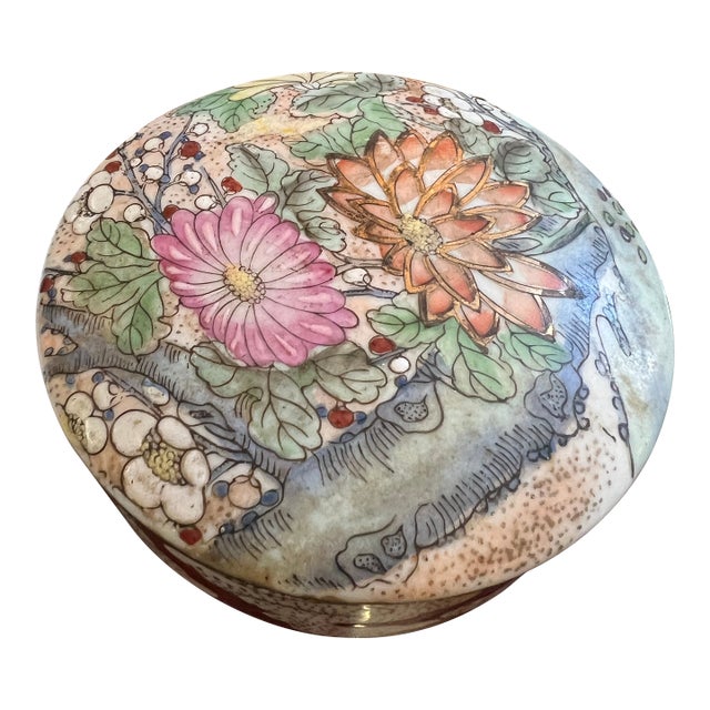 1970s Small Floral Ceramic Round Box For Sale