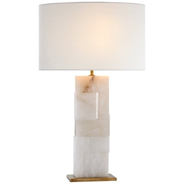 Ian K. Fowler for Visual Comfort Signature Ashlar Large Table Lamp in Alabaster & Hand-Rubbed Antique Brass with Linen Shade For Sale