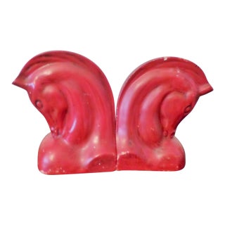 1970s Mid Century Modern Chalkware Red Horse Chess Piece Bookends - a Pair For Sale
