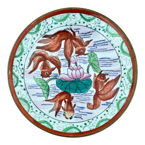 Mid 20th Century Chinoiserie Koi Fish Hand Painted Porcelain Brass Encased Catchall